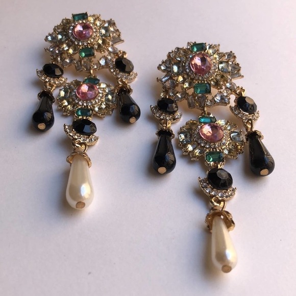 Chandelier Statement Earrings with Faux Gems, Pearls, and Diamonds - Picture 2 of 5